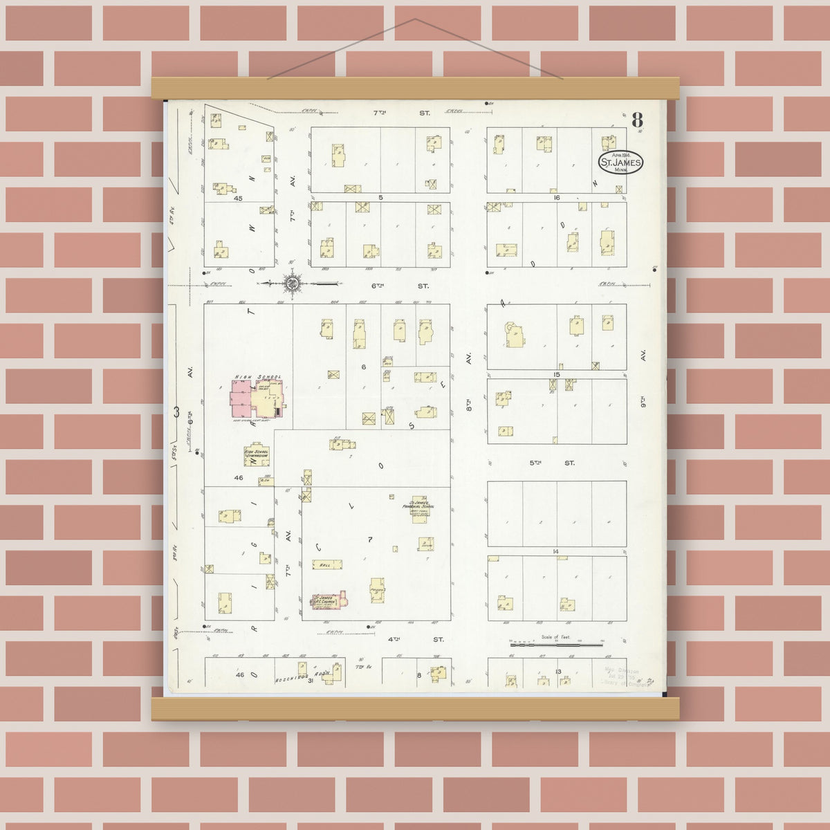Old map wall art mockup — magnetic wood frame on brick wall — Sanborn Fire Insurance Map from Saint James, Watonwan County, Minnesota (1914), Sheet #0008