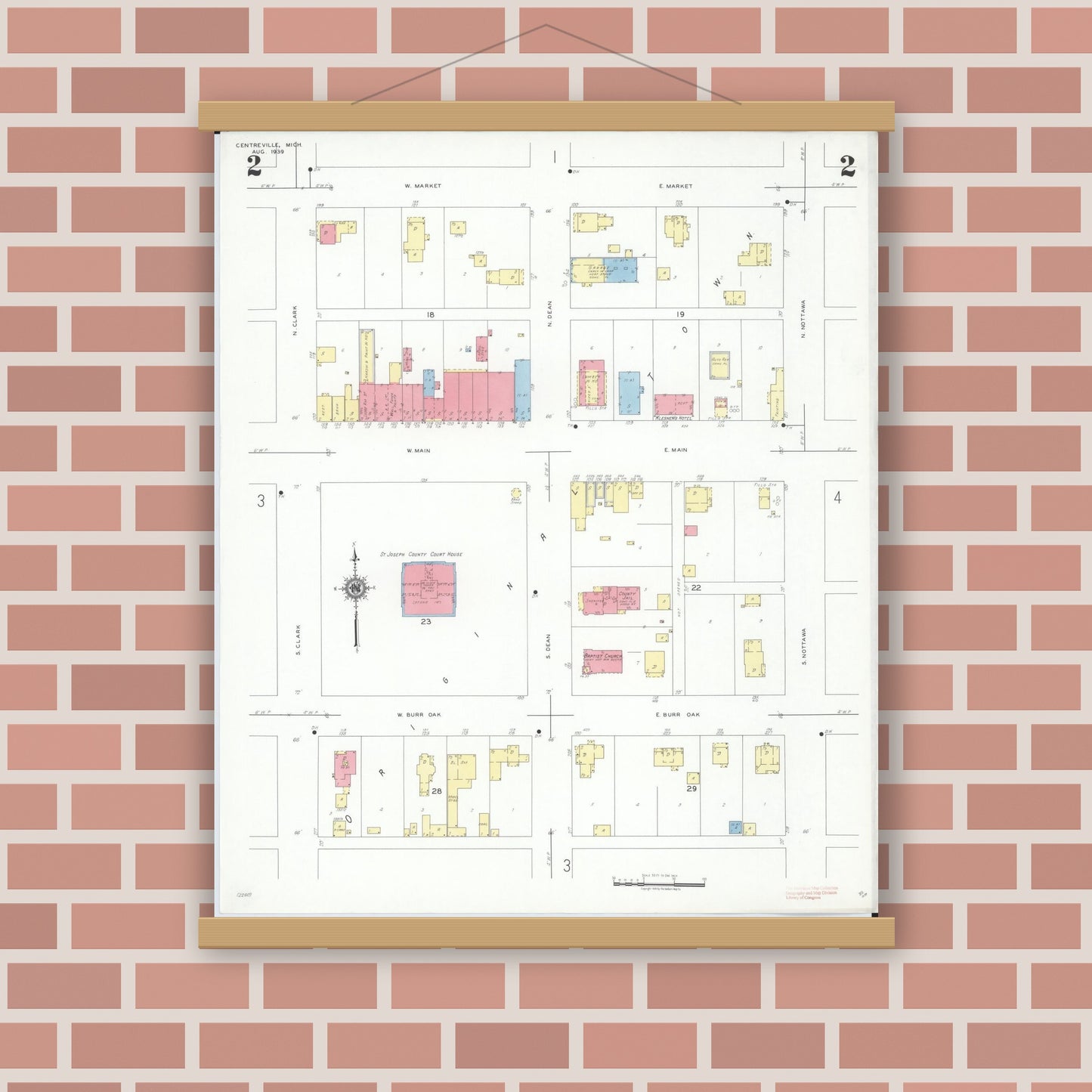 Old map wall art mockup — magnetic wood frame on brick wall — Sanborn Fire Insurance Map from Centreville, Saint Joseph County, Michigan (1939), Sheet #0002