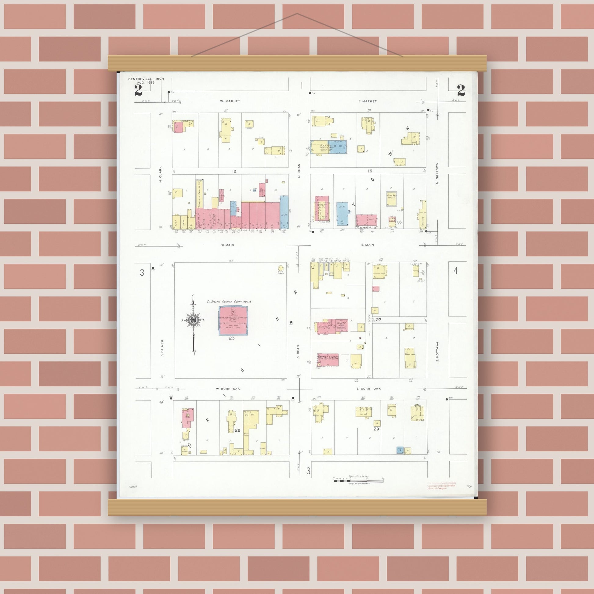 Old map wall art mockup — magnetic wood frame on brick wall — Sanborn Fire Insurance Map from Centreville, Saint Joseph County, Michigan (1939), Sheet #0002