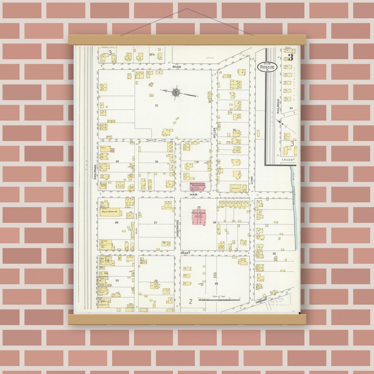 Old map wall art mockup — magnetic wood frame on brick wall — Sanborn Fire Insurance Map from Roscoe, Washington County, Pennsylvania (1911), Sheet #0003