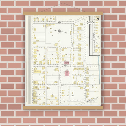 Old map wall art mockup — magnetic wood frame on brick wall — Sanborn Fire Insurance Map from Roscoe, Washington County, Pennsylvania (1911), Sheet #0003