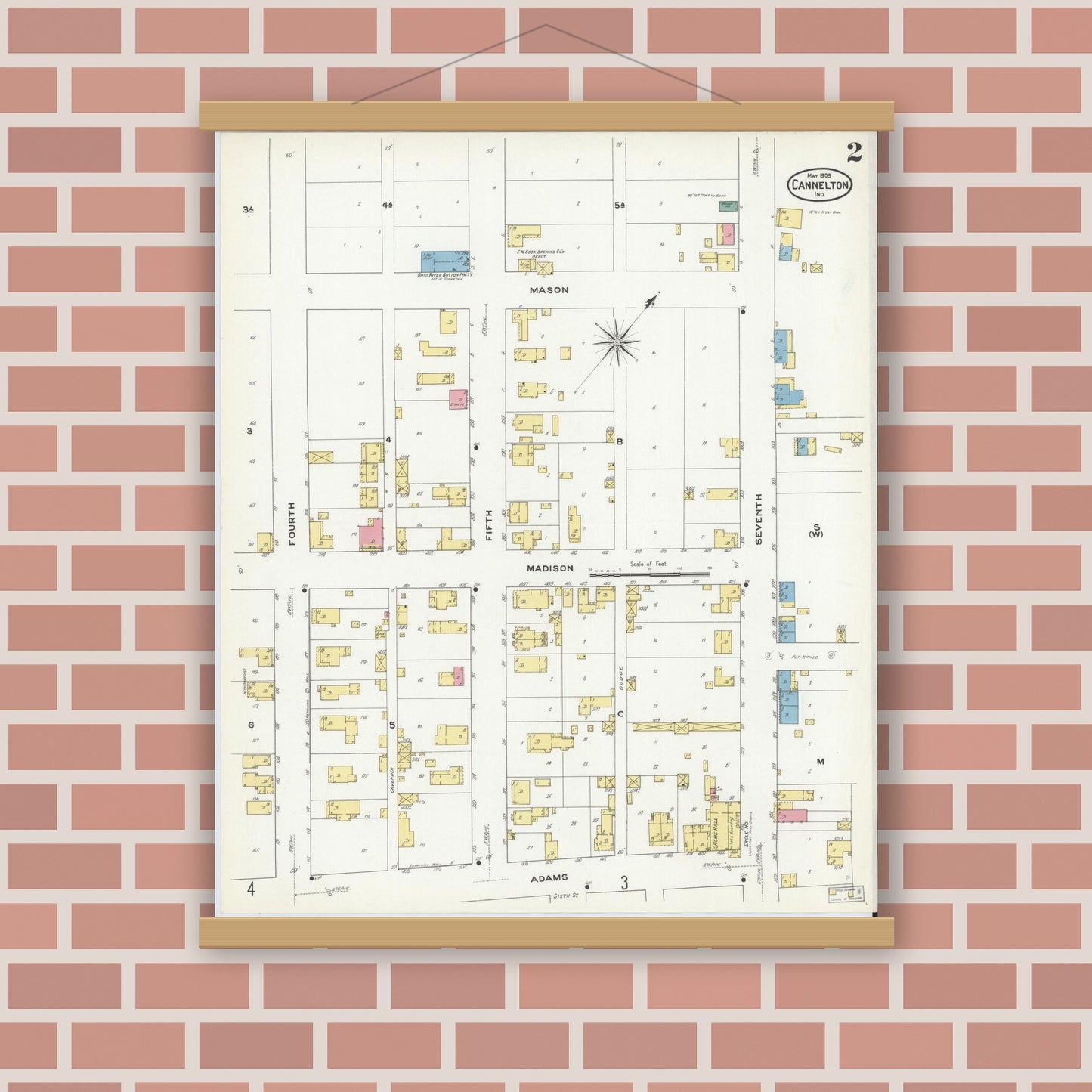 Old map wall art mockup — magnetic wood frame on brick wall — Sanborn Fire Insurance Map from Cannelton, Perry County, Indiana (1909), Sheet #0002