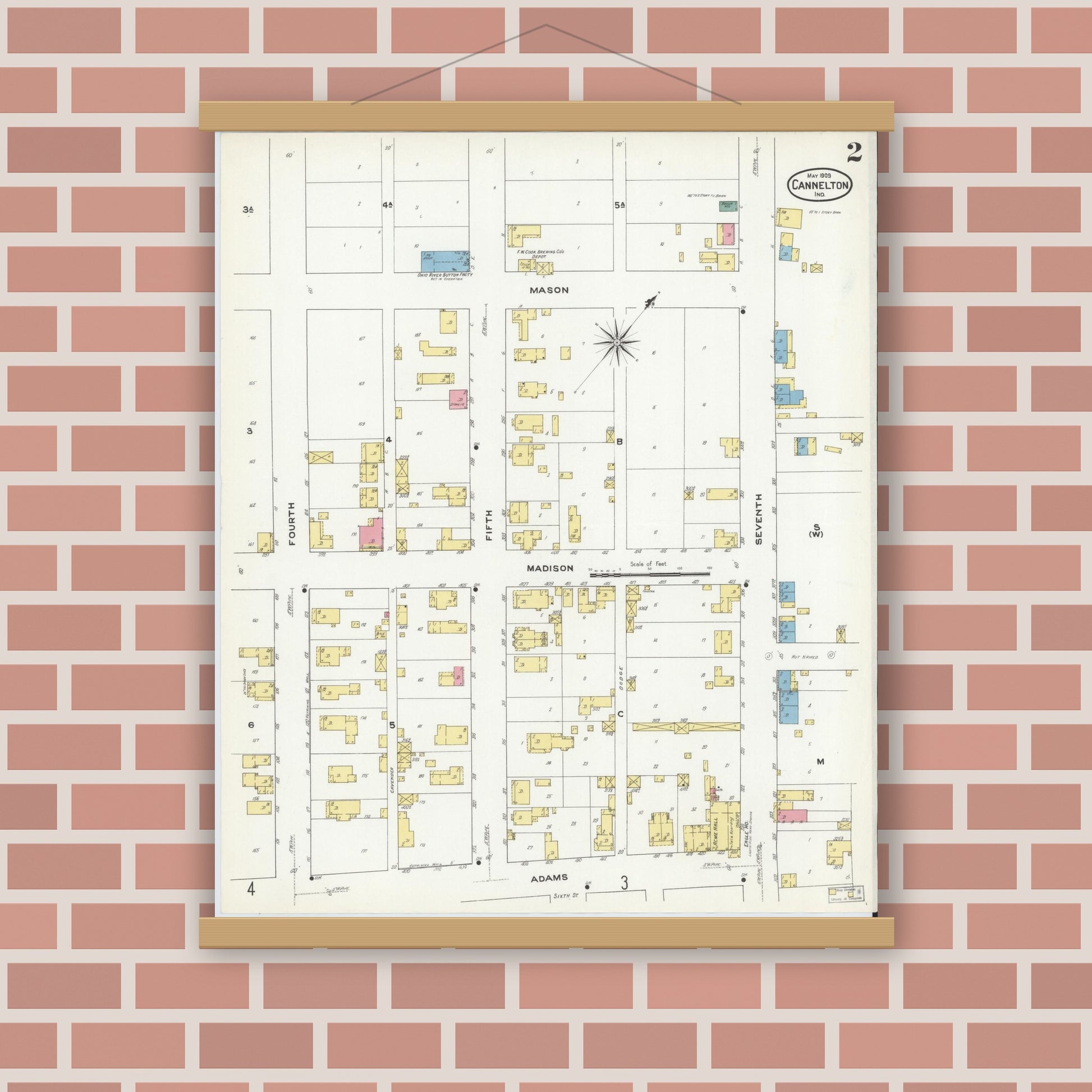 Old map wall art mockup — magnetic wood frame on brick wall — Sanborn Fire Insurance Map from Cannelton, Perry County, Indiana (1909), Sheet #0002