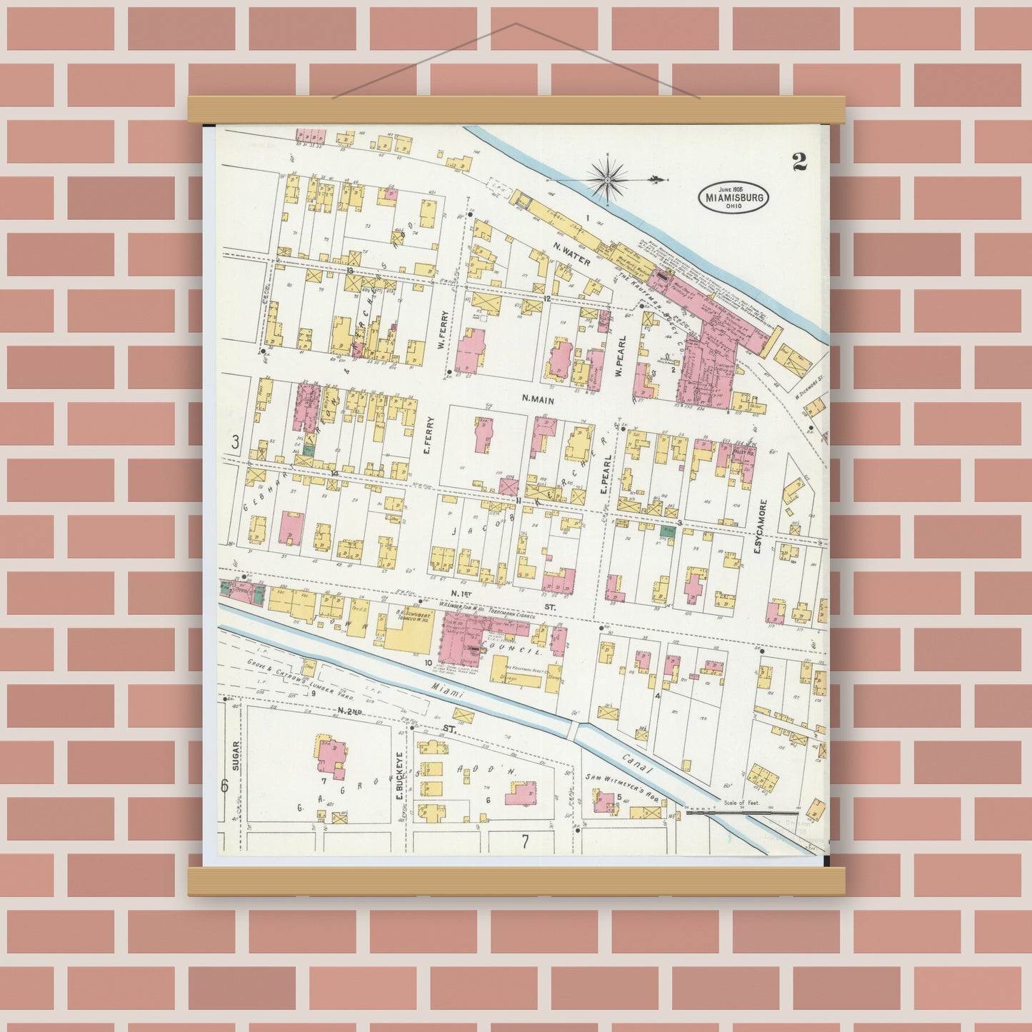 Old map wall art mockup — magnetic wood frame on brick wall — Sanborn Fire Insurance Map from Miamisburg, Montgomery County, Ohio (1905), Sheet #0002