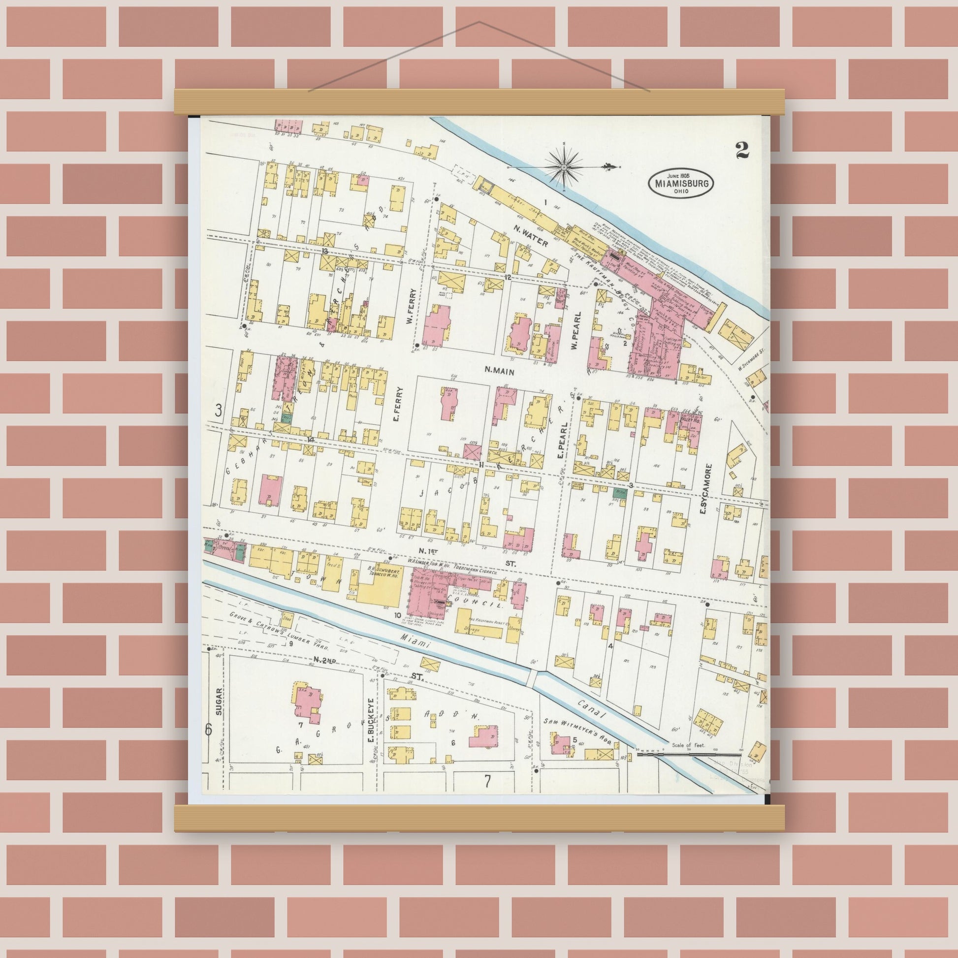 Old map wall art mockup — magnetic wood frame on brick wall — Sanborn Fire Insurance Map from Miamisburg, Montgomery County, Ohio (1905), Sheet #0002