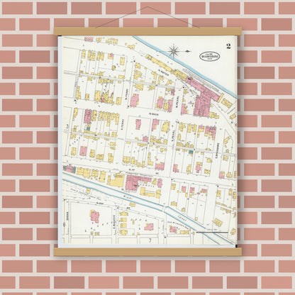 Old map wall art mockup — magnetic wood frame on brick wall — Sanborn Fire Insurance Map from Miamisburg, Montgomery County, Ohio (1905), Sheet #0002
