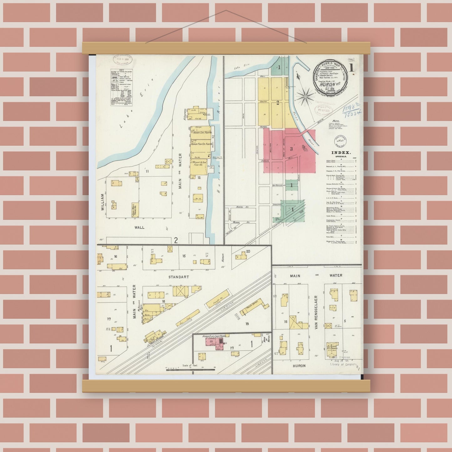 Old map wall art mockup — magnetic wood frame on brick wall — Sanborn Fire Insurance Map from Huron, Erie County, Ohio (1898), Sheet #0001