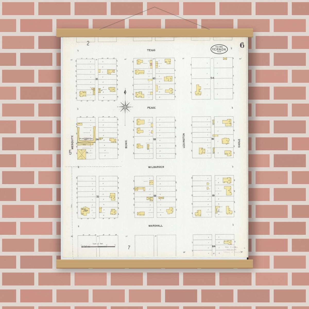 Old map wall art mockup — magnetic wood frame on brick wall — Sanborn Fire Insurance Map from Vernon, Wilbarger County, Texas (1902), Sheet #0006