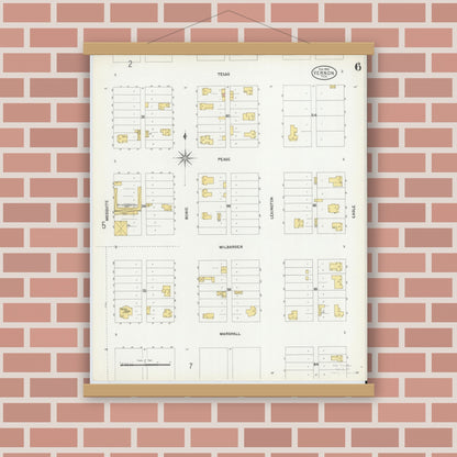 Old map wall art mockup — magnetic wood frame on brick wall — Sanborn Fire Insurance Map from Vernon, Wilbarger County, Texas (1902), Sheet #0006