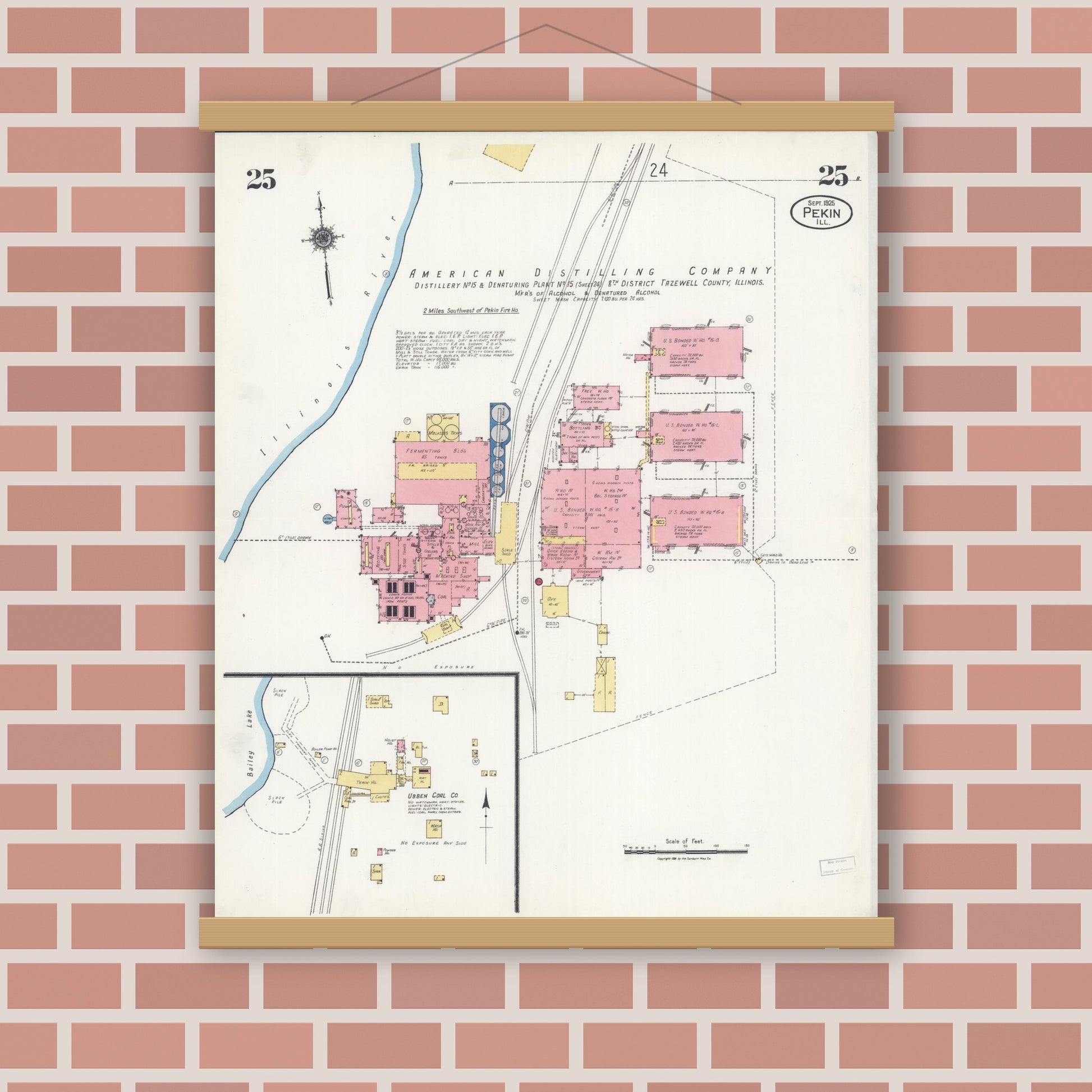 Old map wall art mockup — magnetic wood frame on brick wall — Sanborn Fire Insurance Map from Pekin, Tazewell County, Illinois (1925), Sheet #0025