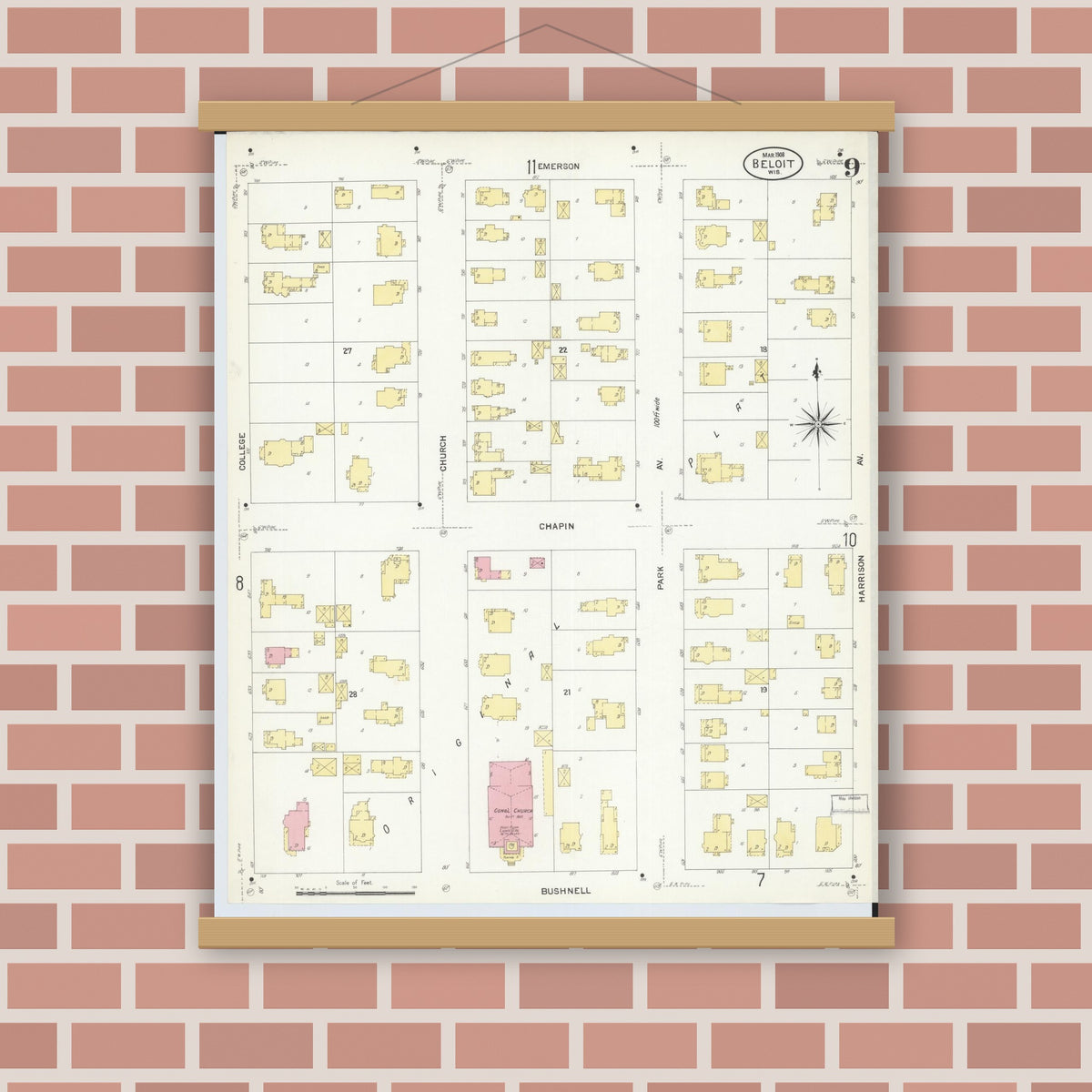 Old map wall art mockup — magnetic wood frame on brick wall — Sanborn Fire Insurance Map from Beloit, Rock County, Wisconsin (1908), Sheet #0009