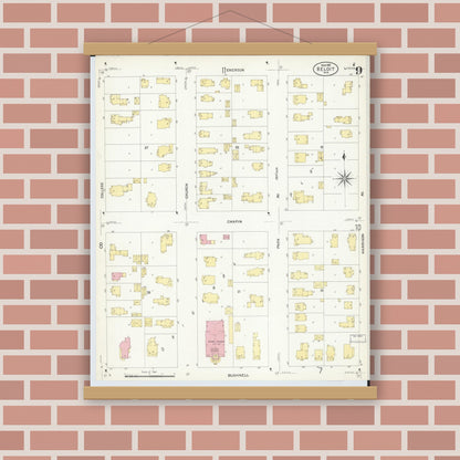 Old map wall art mockup — magnetic wood frame on brick wall — Sanborn Fire Insurance Map from Beloit, Rock County, Wisconsin (1908), Sheet #0009