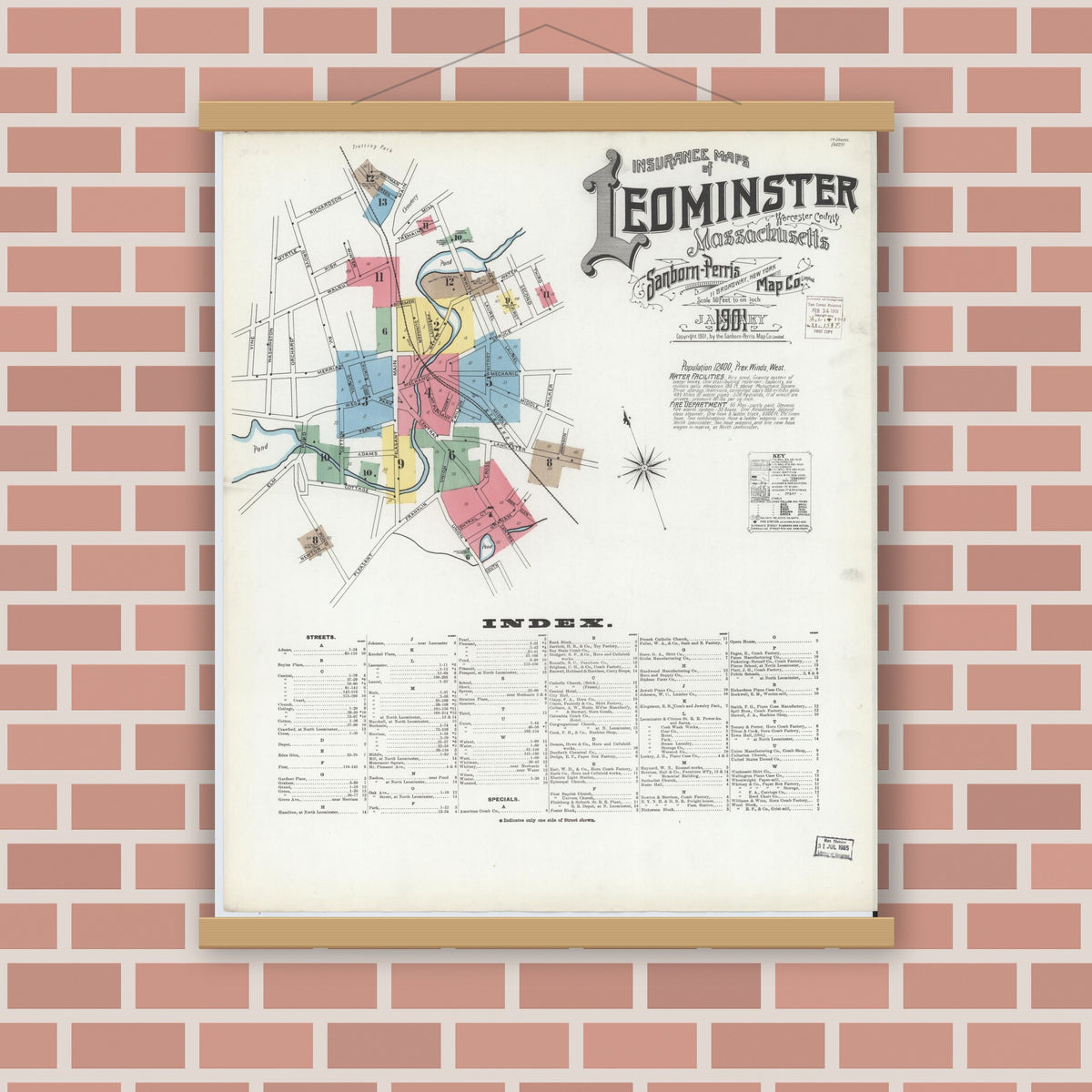 Old map wall art mockup — magnetic wood frame on brick wall — Sanborn Fire Insurance Map from Leominster, Worcester County, Massachusetts (1901) - Complete Map Set
