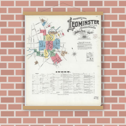 Old map wall art mockup — magnetic wood frame on brick wall — Sanborn Fire Insurance Map from Leominster, Worcester County, Massachusetts (1901) - Complete Map Set