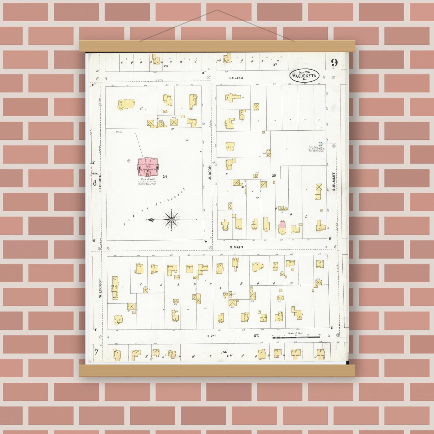 Old map wall art mockup — magnetic wood frame on brick wall — Sanborn Fire Insurance Map from Maquoketa, Jackson County, Iowa (1906), Sheet #0009