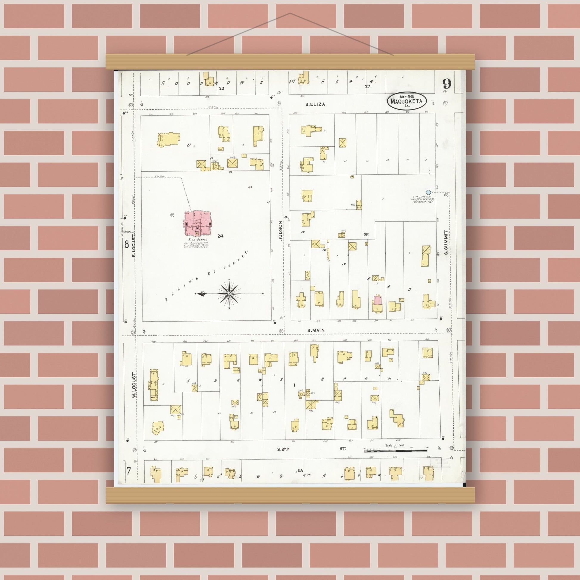 Old map wall art mockup — magnetic wood frame on brick wall — Sanborn Fire Insurance Map from Maquoketa, Jackson County, Iowa (1906), Sheet #0009