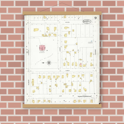 Old map wall art mockup — magnetic wood frame on brick wall — Sanborn Fire Insurance Map from Maquoketa, Jackson County, Iowa (1906), Sheet #0009