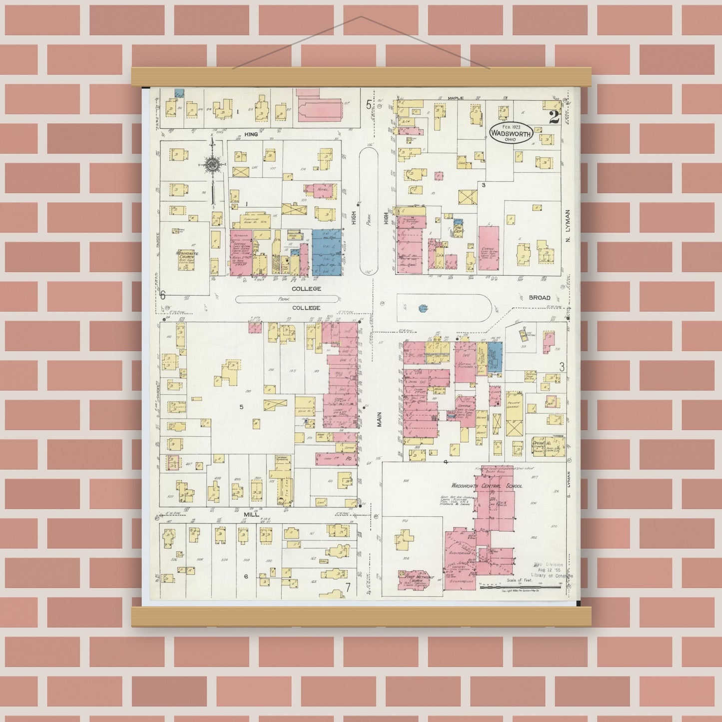 Old map wall art mockup — magnetic wood frame on brick wall — Sanborn Fire Insurance Map from Wadsworth, Medina County, Ohio (1923), Sheet #0002
