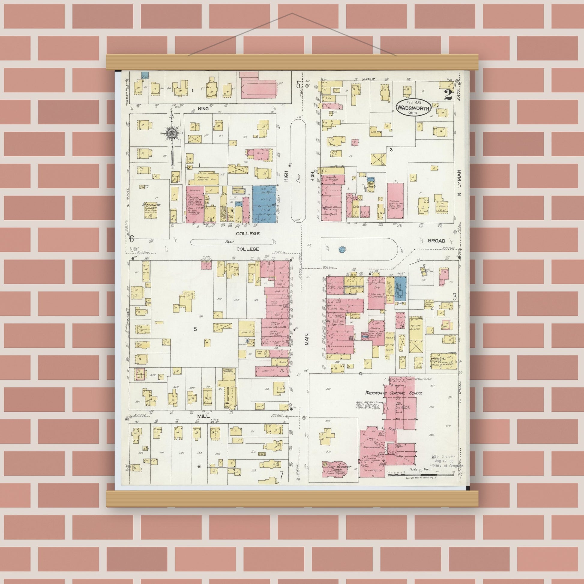 Old map wall art mockup — magnetic wood frame on brick wall — Sanborn Fire Insurance Map from Wadsworth, Medina County, Ohio (1923), Sheet #0002