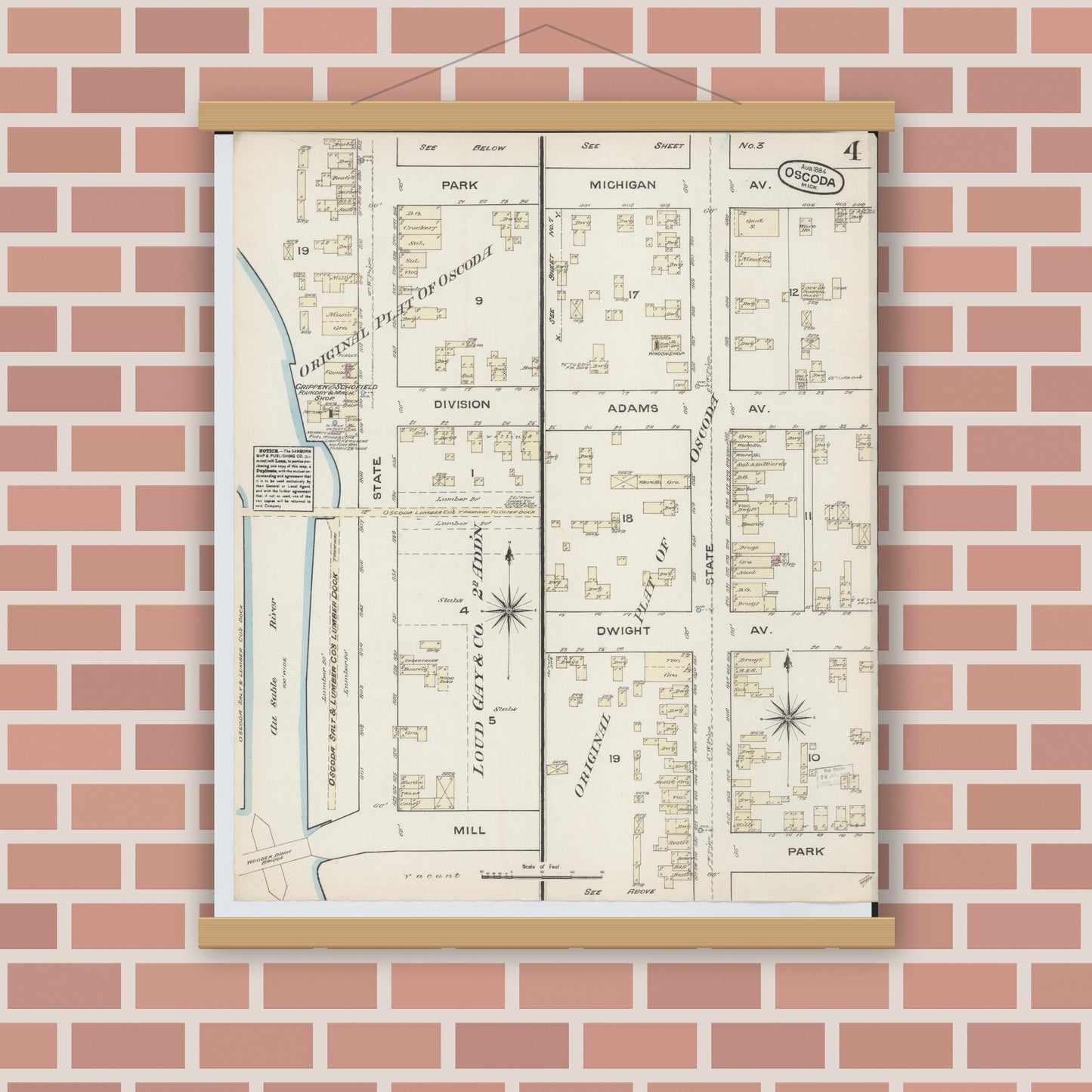 Old map wall art mockup — magnetic wood frame on brick wall — Sanborn Fire Insurance Map from Oscoda, Iosco County, Michigan (1884), Sheet #0004