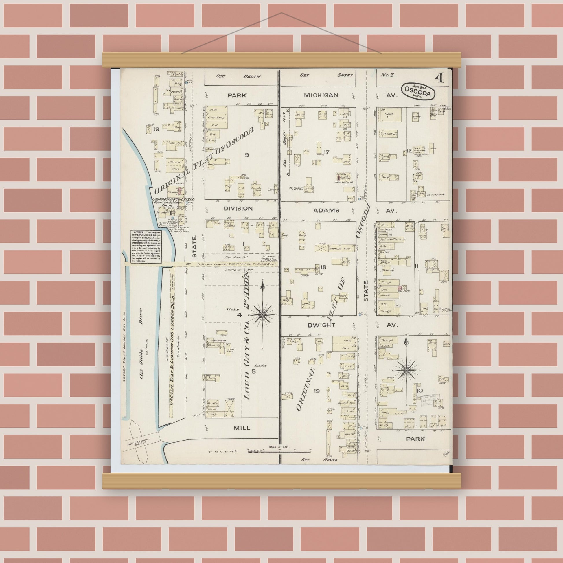 Old map wall art mockup — magnetic wood frame on brick wall — Sanborn Fire Insurance Map from Oscoda, Iosco County, Michigan (1884), Sheet #0004