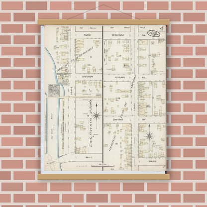Old map wall art mockup — magnetic wood frame on brick wall — Sanborn Fire Insurance Map from Oscoda, Iosco County, Michigan (1884), Sheet #0004
