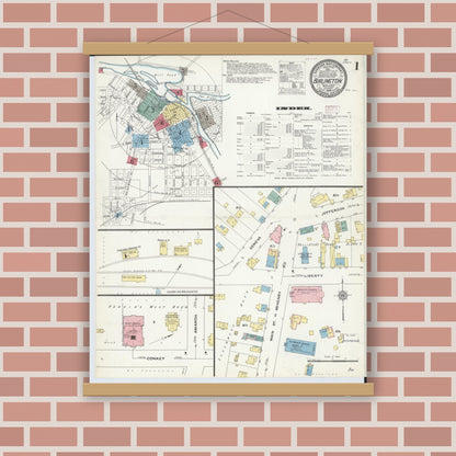 Old map wall art mockup — magnetic wood frame on brick wall — Sanborn Fire Insurance Map from Burlington, Racine County, Wisconsin (1909), Sheet #0001