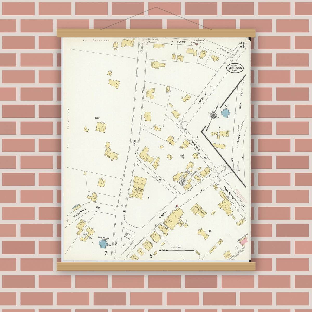 Old map wall art mockup — magnetic wood frame on brick wall — Sanborn Fire Insurance Map from Monson, Hampden County, Massachusetts (1911), Sheet #0003
