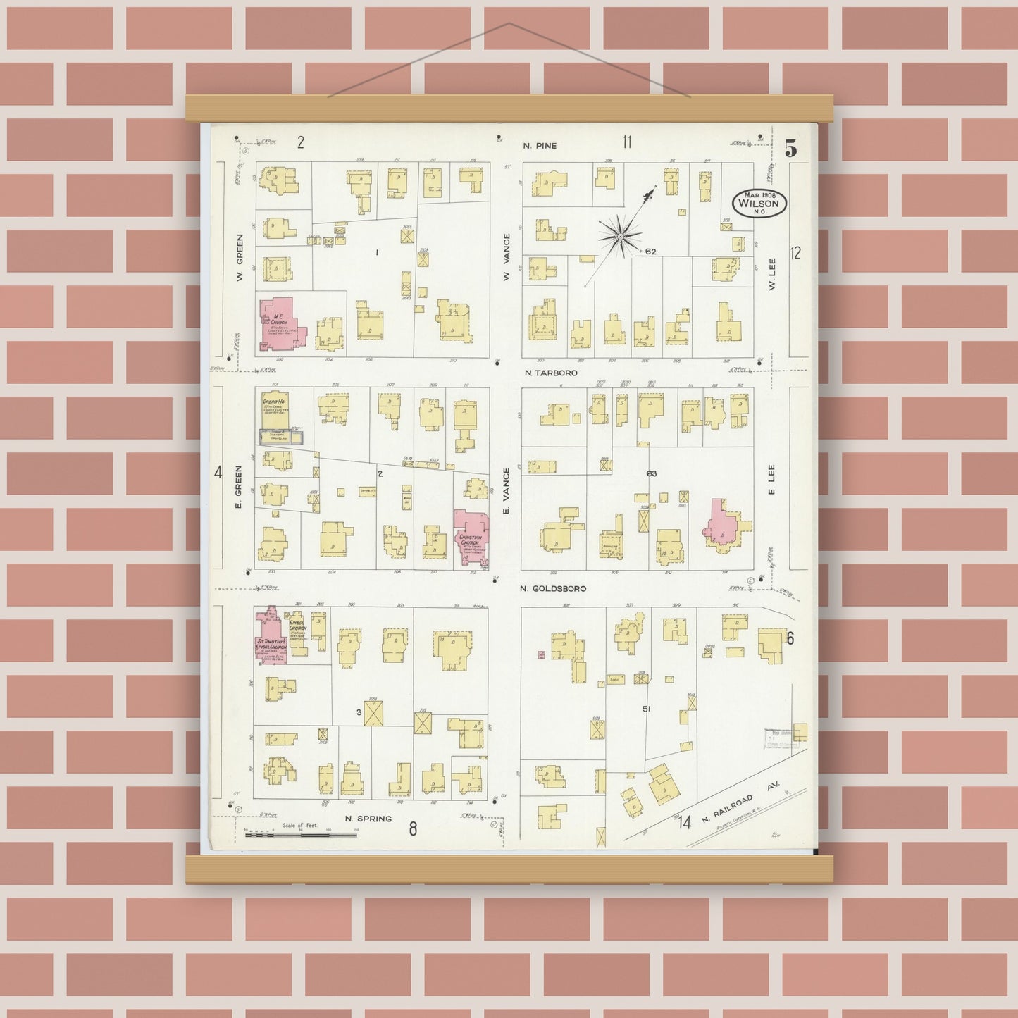 Old map wall art mockup — magnetic wood frame on brick wall — Sanborn Fire Insurance Map from Wilson, Wilson County, North Carolina (1908), Sheet #0005