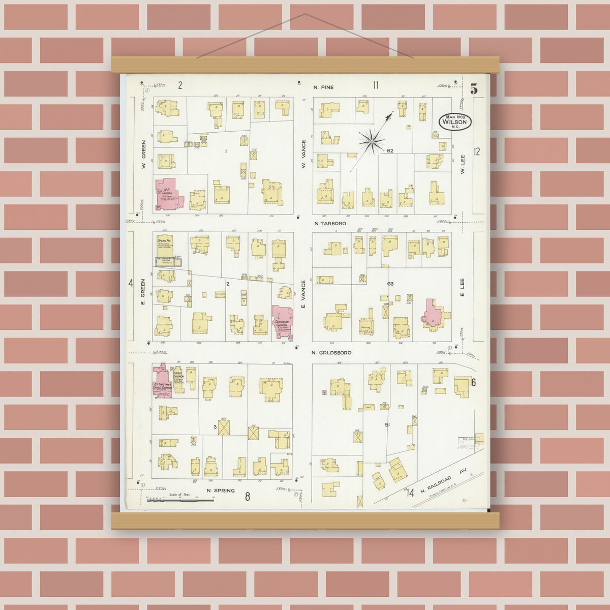 Old map wall art mockup — magnetic wood frame on brick wall — Sanborn Fire Insurance Map from Wilson, Wilson County, North Carolina (1908), Sheet #0005