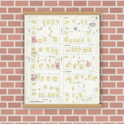 Old map wall art mockup — magnetic wood frame on brick wall — Sanborn Fire Insurance Map from Wilson, Wilson County, North Carolina (1908), Sheet #0005