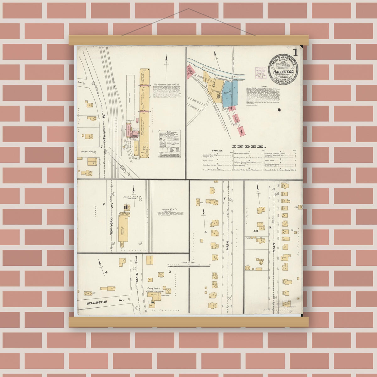 Old map wall art mockup — magnetic wood frame on brick wall — Sanborn Fire Insurance Map from Hallstead, Susquehanna County, Pennsylvania (1904) - Complete Map Set