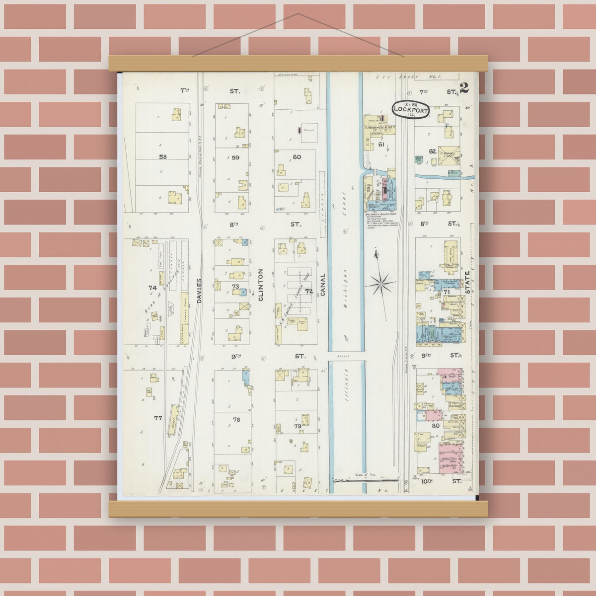 Old map wall art mockup — magnetic wood frame on brick wall — Sanborn Fire Insurance Map from Lockport, Will County, Illinois (1891), Sheet #0002