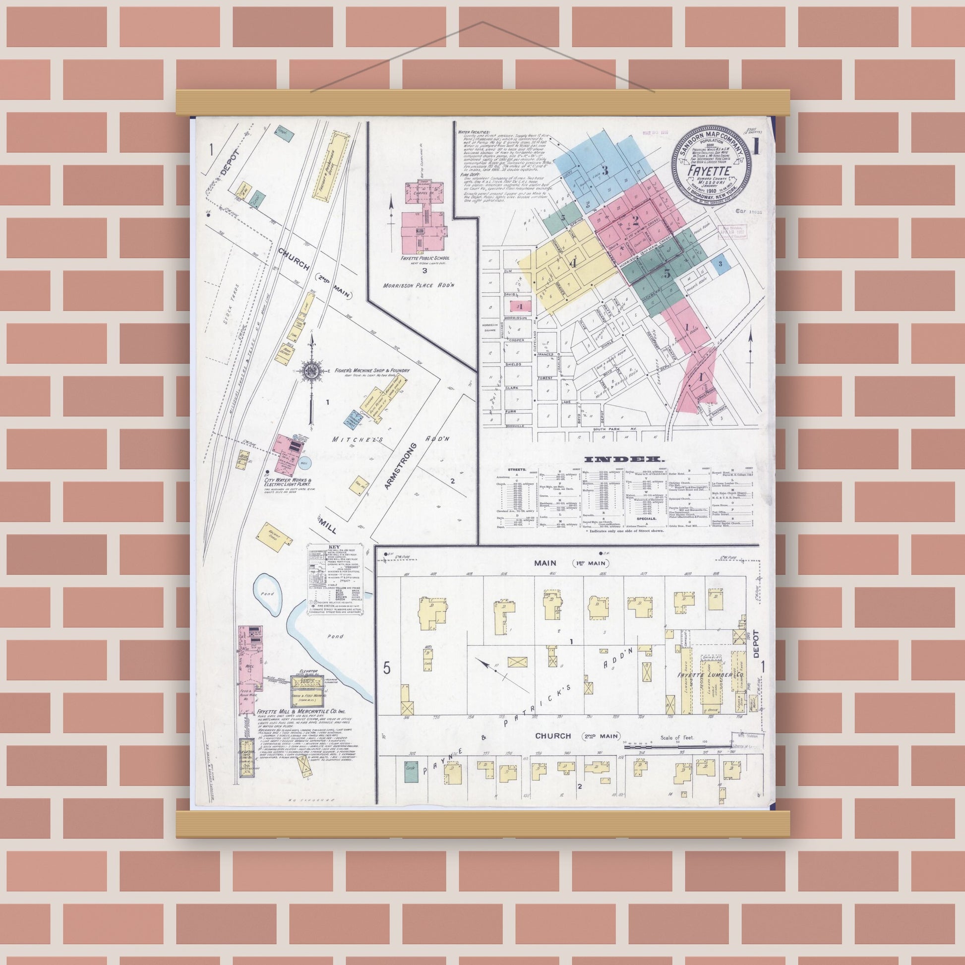 Old map wall art mockup — magnetic wood frame on brick wall — Sanborn Fire Insurance Map from Fayette, Howard County, Missouri (1910) - Complete Map Set