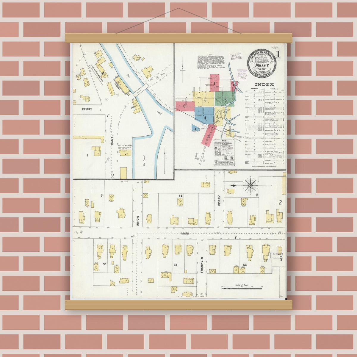 Old map wall art mockup — magnetic wood frame on brick wall — Sanborn Fire Insurance Map from Holley, Orleans County, New York (1904) - Complete Map Set