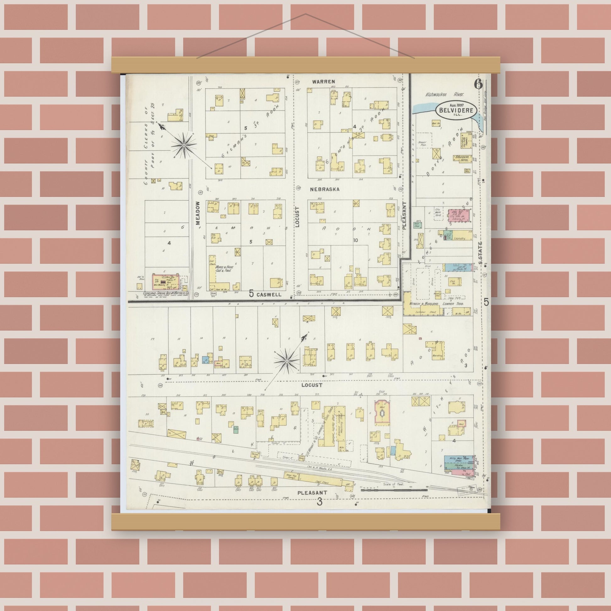Old map wall art mockup — magnetic wood frame on brick wall — Sanborn Fire Insurance Map from Belvidere, Boone County, Illinois (1897), Sheet #0006
