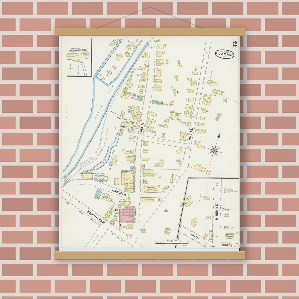 Old map wall art mockup — magnetic wood frame on brick wall — Sanborn Fire Insurance Map from Luzerne, Luzerne County, Pennsylvania (1891), Sheet #0002