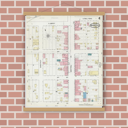 Old map wall art mockup — magnetic wood frame on brick wall — Sanborn Fire Insurance Map from Marshfield, Wood County, Wisconsin (1891), Sheet #0004