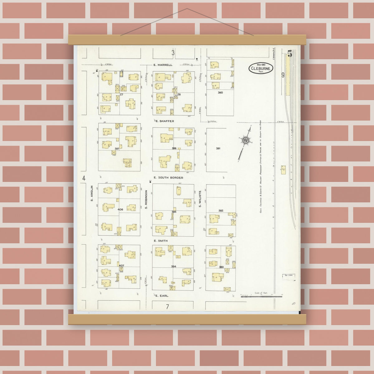Old map wall art mockup — magnetic wood frame on brick wall — Sanborn Fire Insurance Map from Cleburne, Johnson County, Texas (1910), Sheet #0005