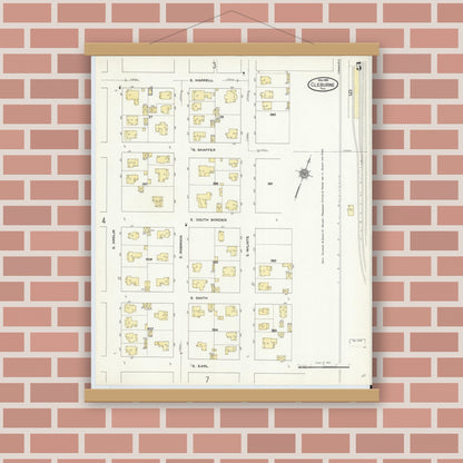 Old map wall art mockup — magnetic wood frame on brick wall — Sanborn Fire Insurance Map from Cleburne, Johnson County, Texas (1910), Sheet #0005