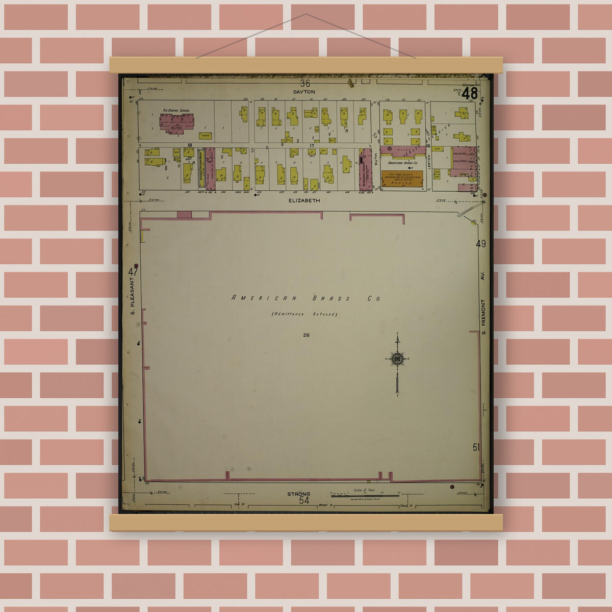 Old map wall art mockup — magnetic wood frame on brick wall — Sanborn Fire Insurance Map from Kenosha, Kenosha County, Wisconsin. (1918), Sheet 52
