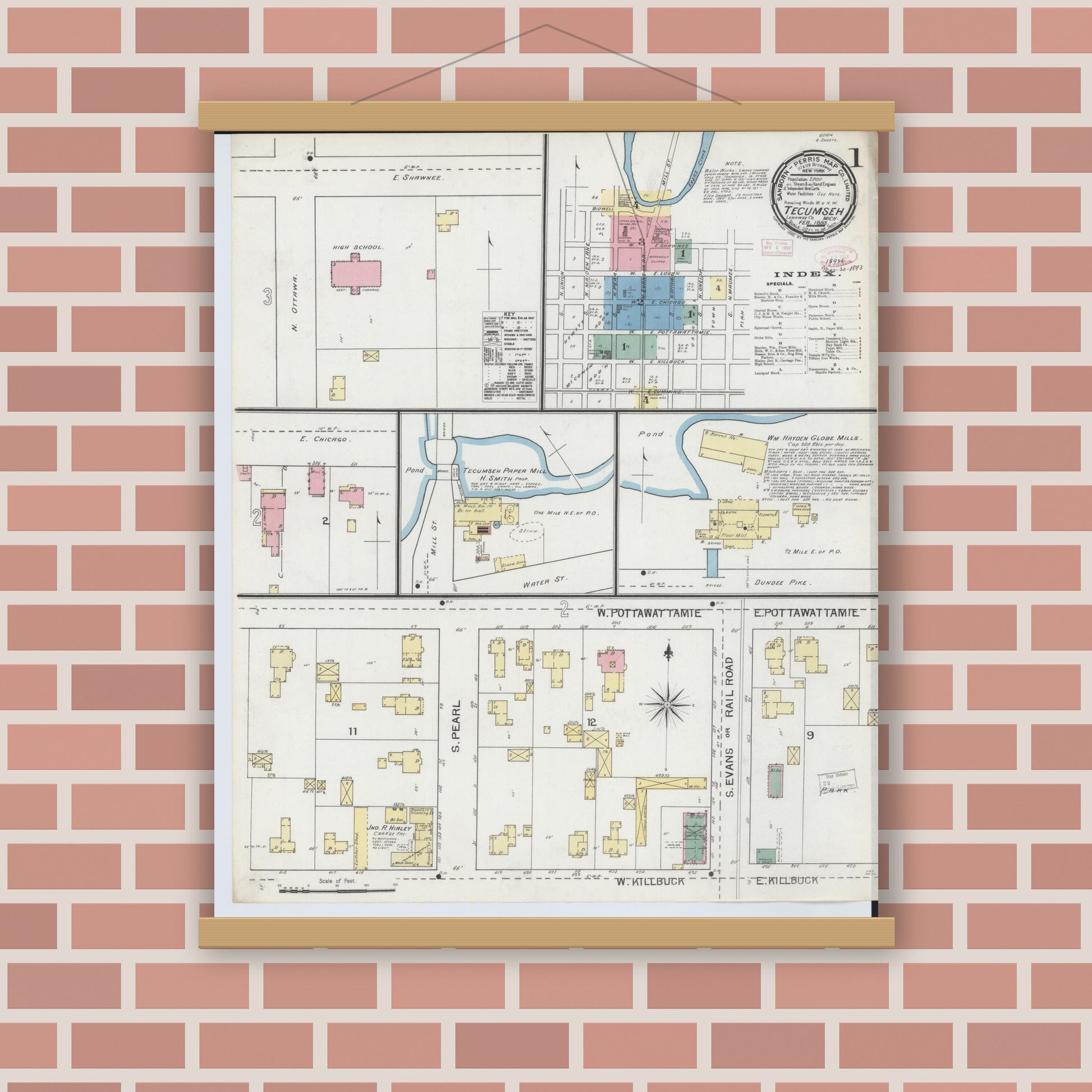 Old map wall art mockup — magnetic wood frame on brick wall — Sanborn Fire Insurance Map from Tecumseh, Lenawee County, Michigan (1893) - Complete Map Set