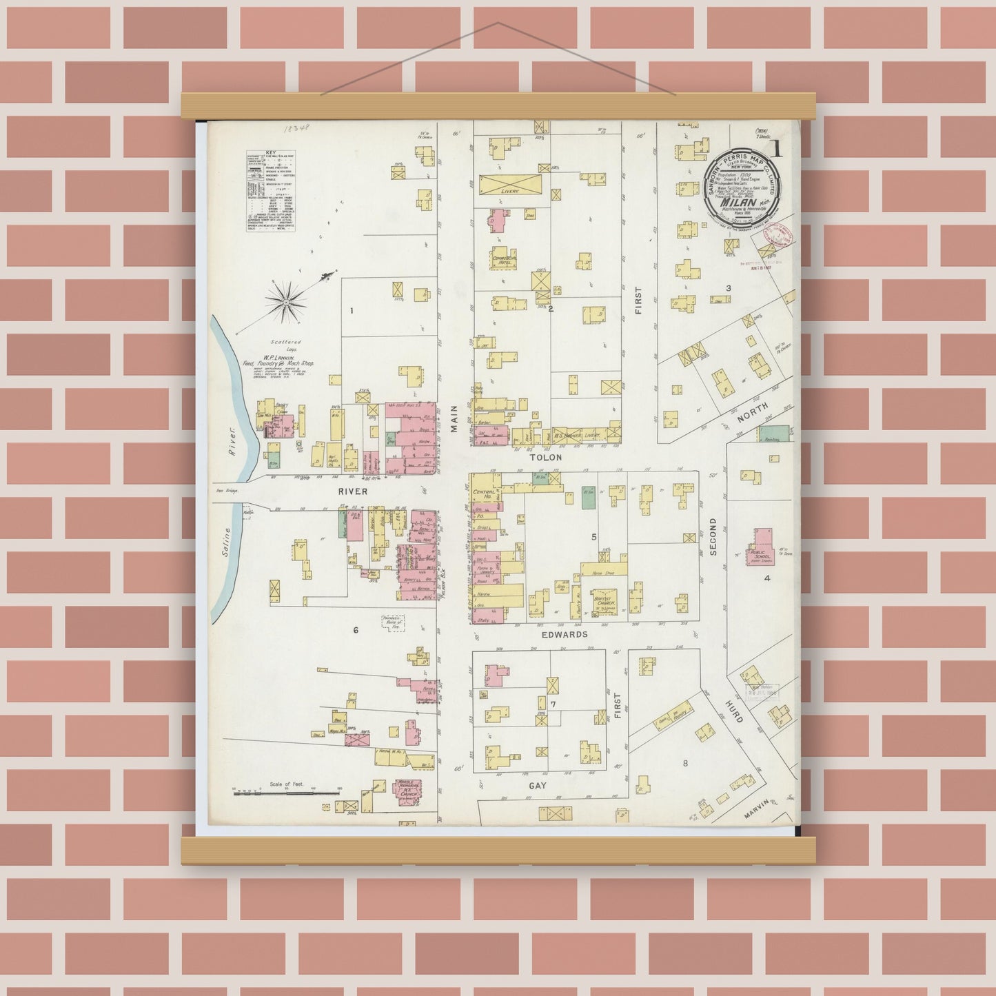 Old map wall art mockup — magnetic wood frame on brick wall — Sanborn Fire Insurance Map from Milan, Washtenaw And Monroe Counties, Michigan (1895) - Complete Map Set