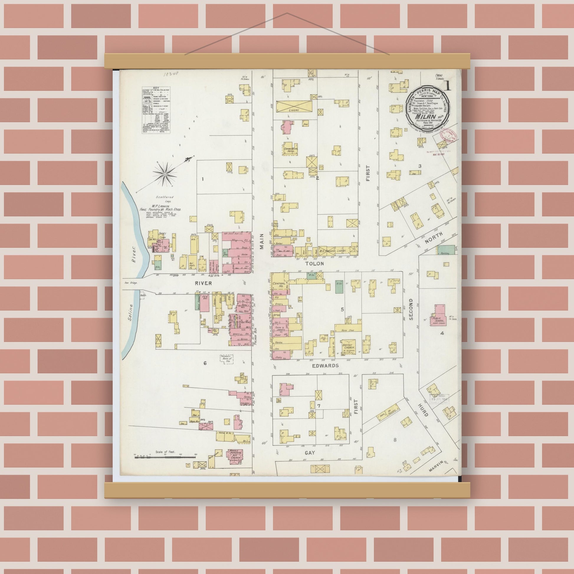 Old map wall art mockup — magnetic wood frame on brick wall — Sanborn Fire Insurance Map from Milan, Washtenaw And Monroe Counties, Michigan (1895) - Complete Map Set