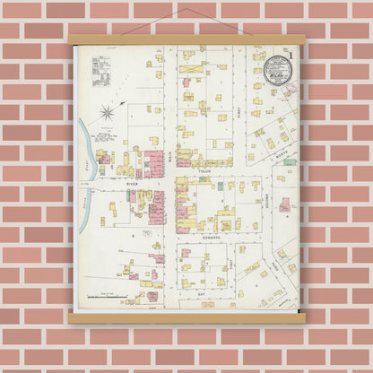 Old map wall art mockup — magnetic wood frame on brick wall — Sanborn Fire Insurance Map from Milan, Washtenaw And Monroe Counties, Michigan (1895) - Complete Map Set