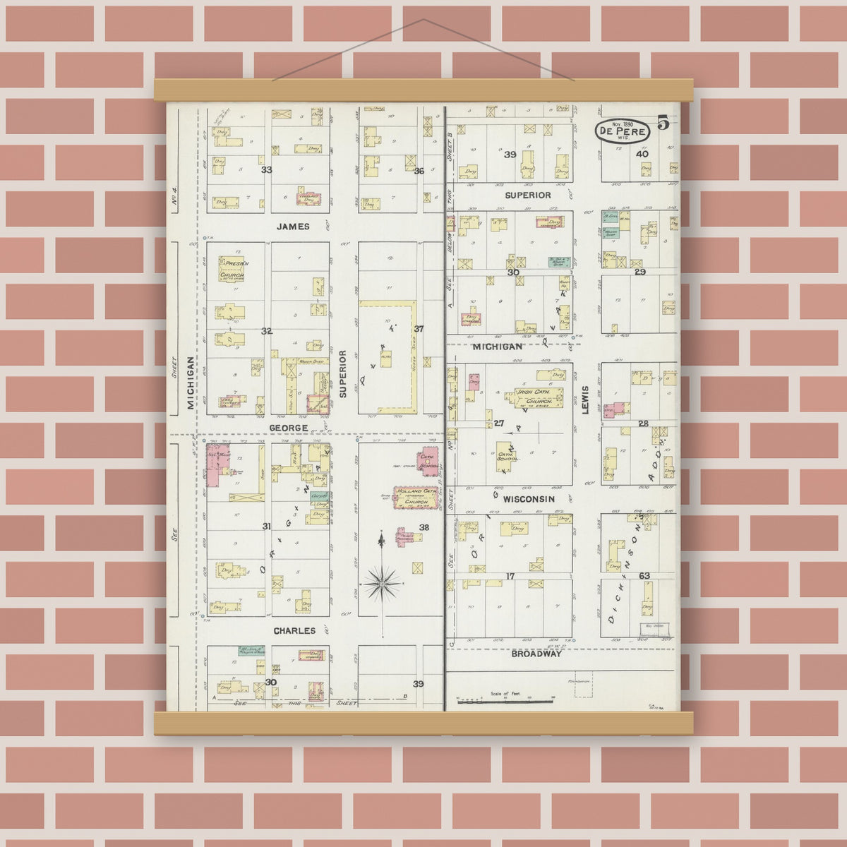 Old map wall art mockup — magnetic wood frame on brick wall — Sanborn Fire Insurance Map from De Pere, Brown County, Wisconsin (1890), Sheet #0005