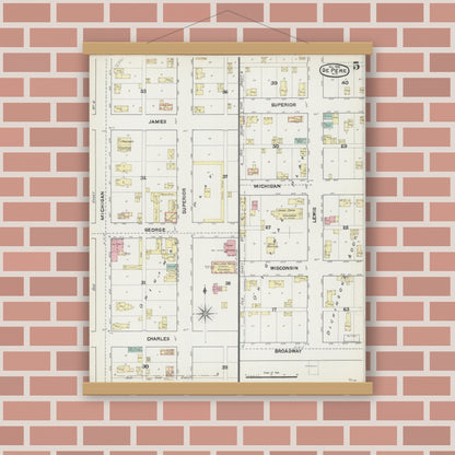 Old map wall art mockup — magnetic wood frame on brick wall — Sanborn Fire Insurance Map from De Pere, Brown County, Wisconsin (1890), Sheet #0005
