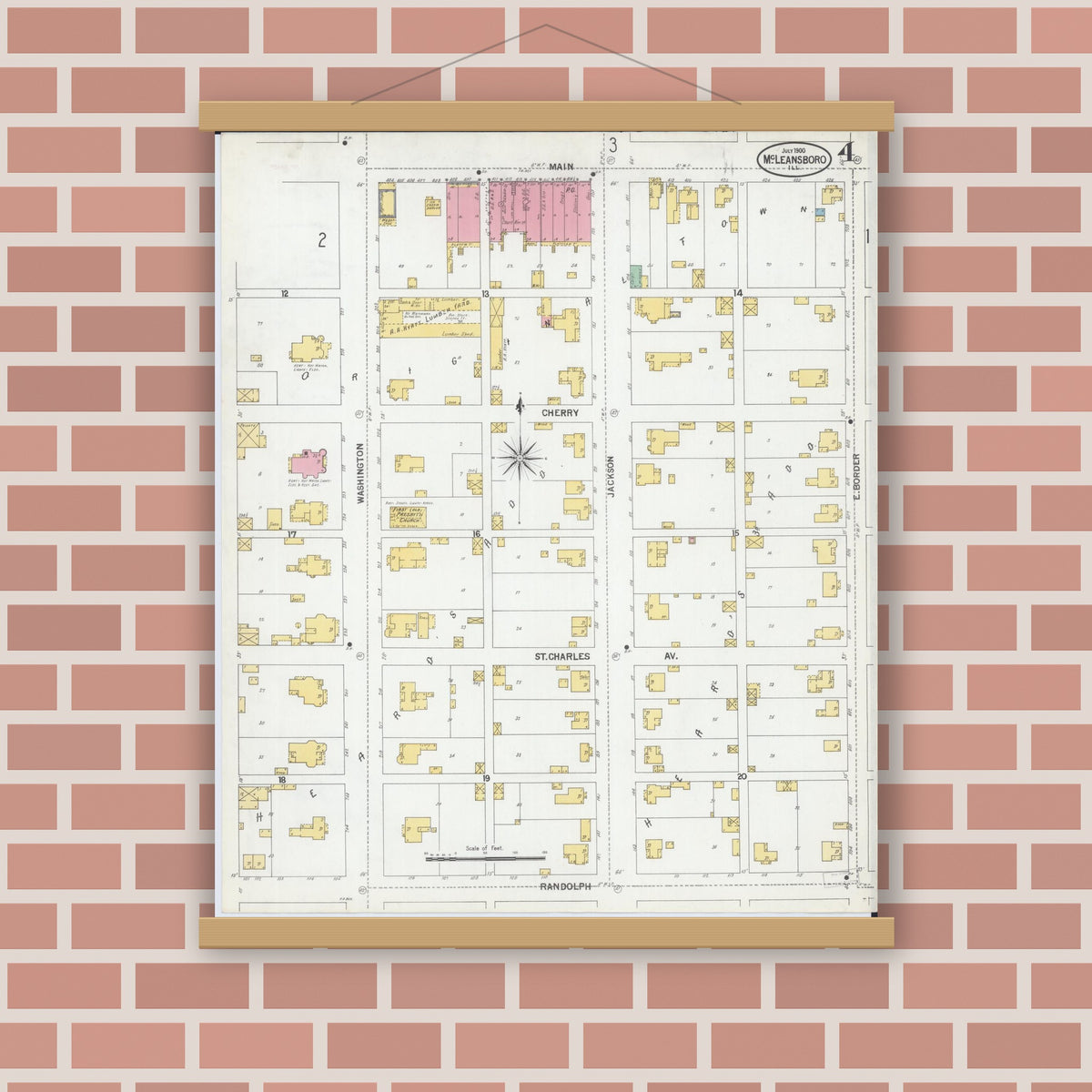 Old map wall art mockup — magnetic wood frame on brick wall — Sanborn Fire Insurance Map from Mcleansboro, Hamilton County, Illinois (1900), Sheet #0004