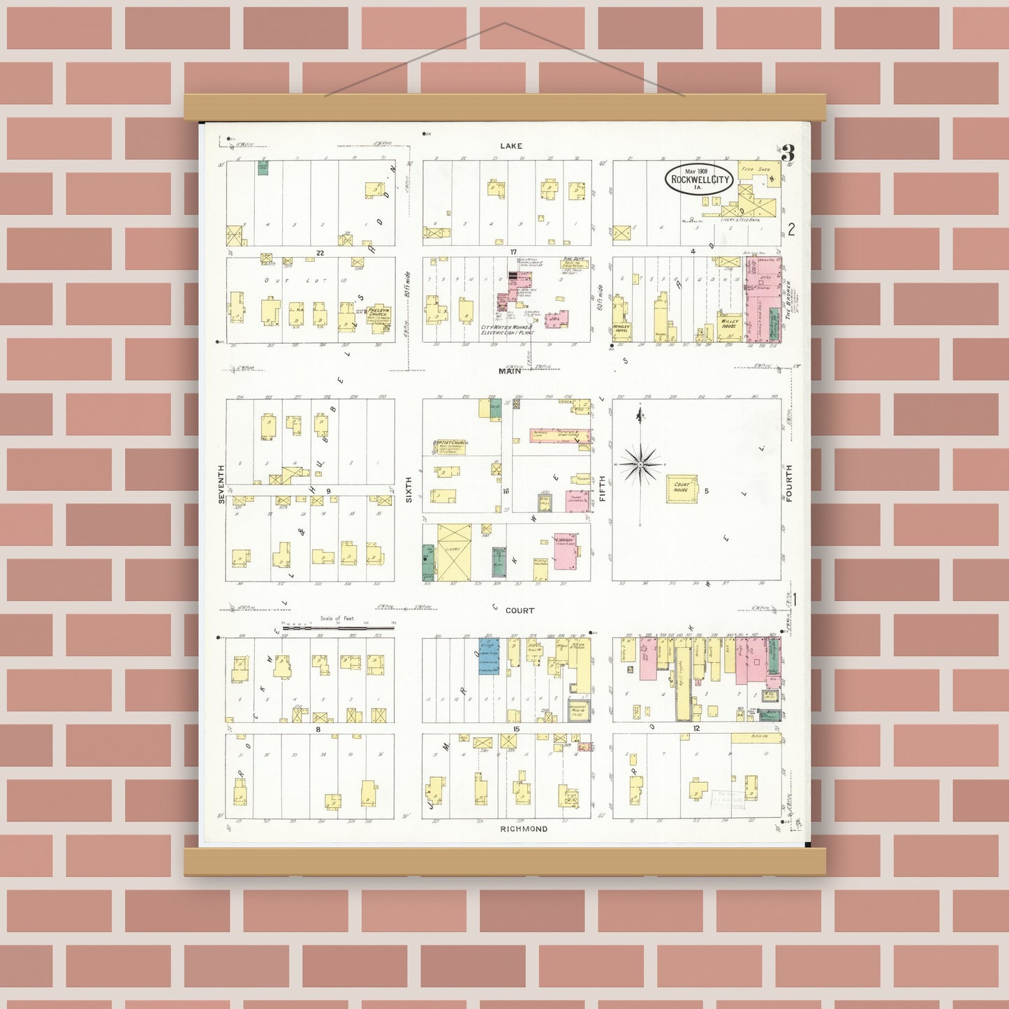 Old map wall art mockup — magnetic wood frame on brick wall — Sanborn Fire Insurance Map from Rockwell City, Calhoun County, Iowa (1909), Sheet #0003