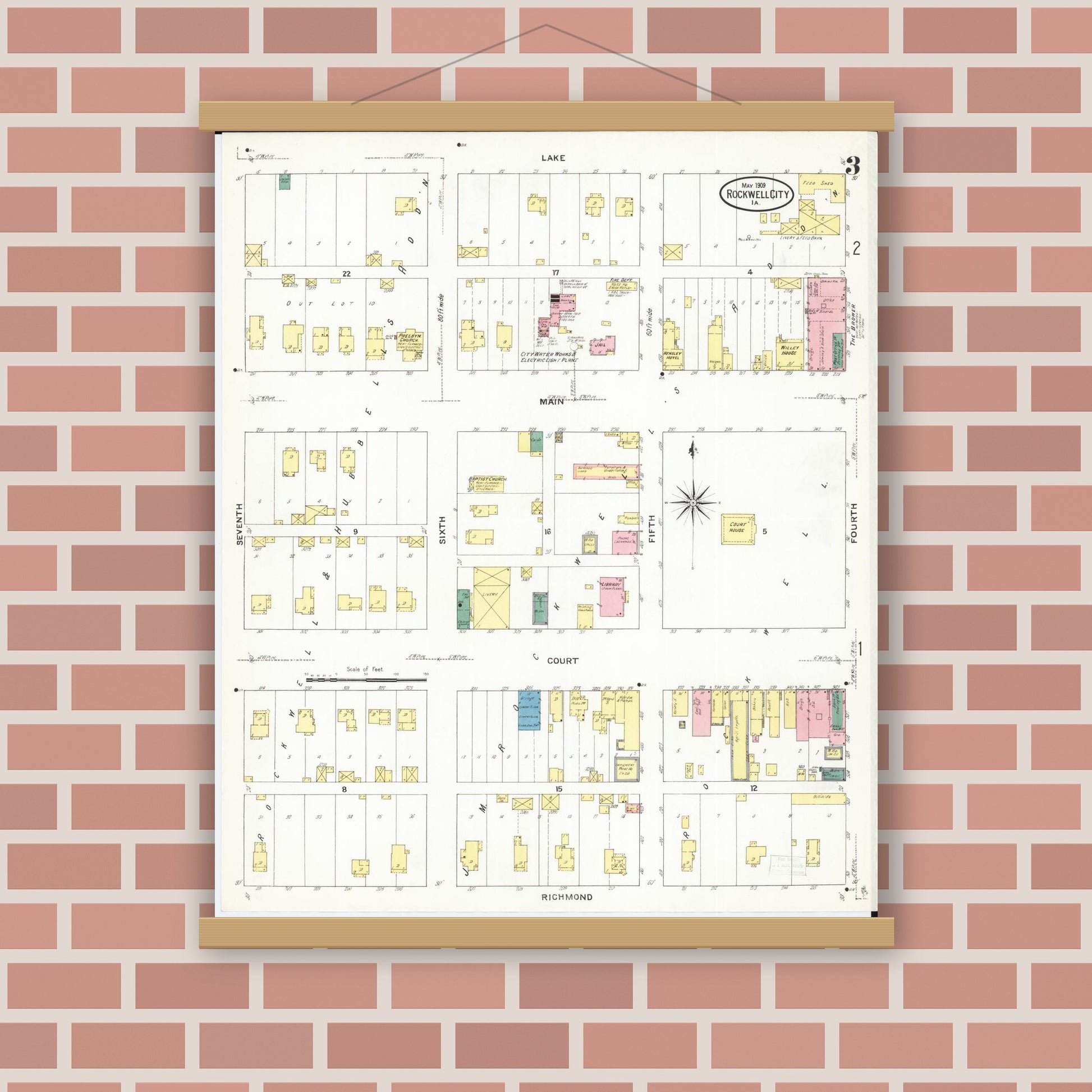 Old map wall art mockup — magnetic wood frame on brick wall — Sanborn Fire Insurance Map from Rockwell City, Calhoun County, Iowa (1909), Sheet #0003